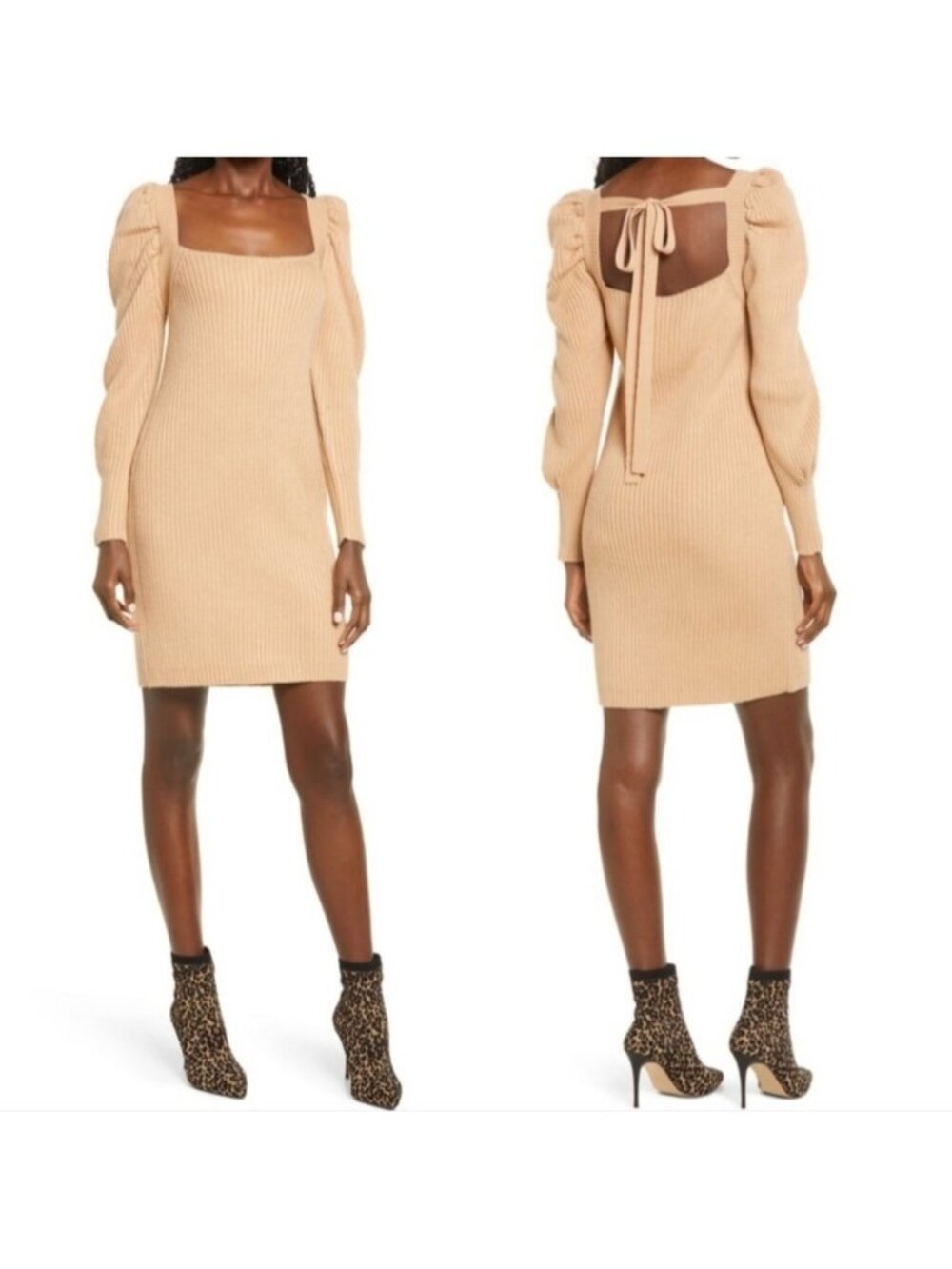 WAYF Leland Camel Long Puff Sleeve Bodycon Mini Ribbed Sweater Dress Size Medium